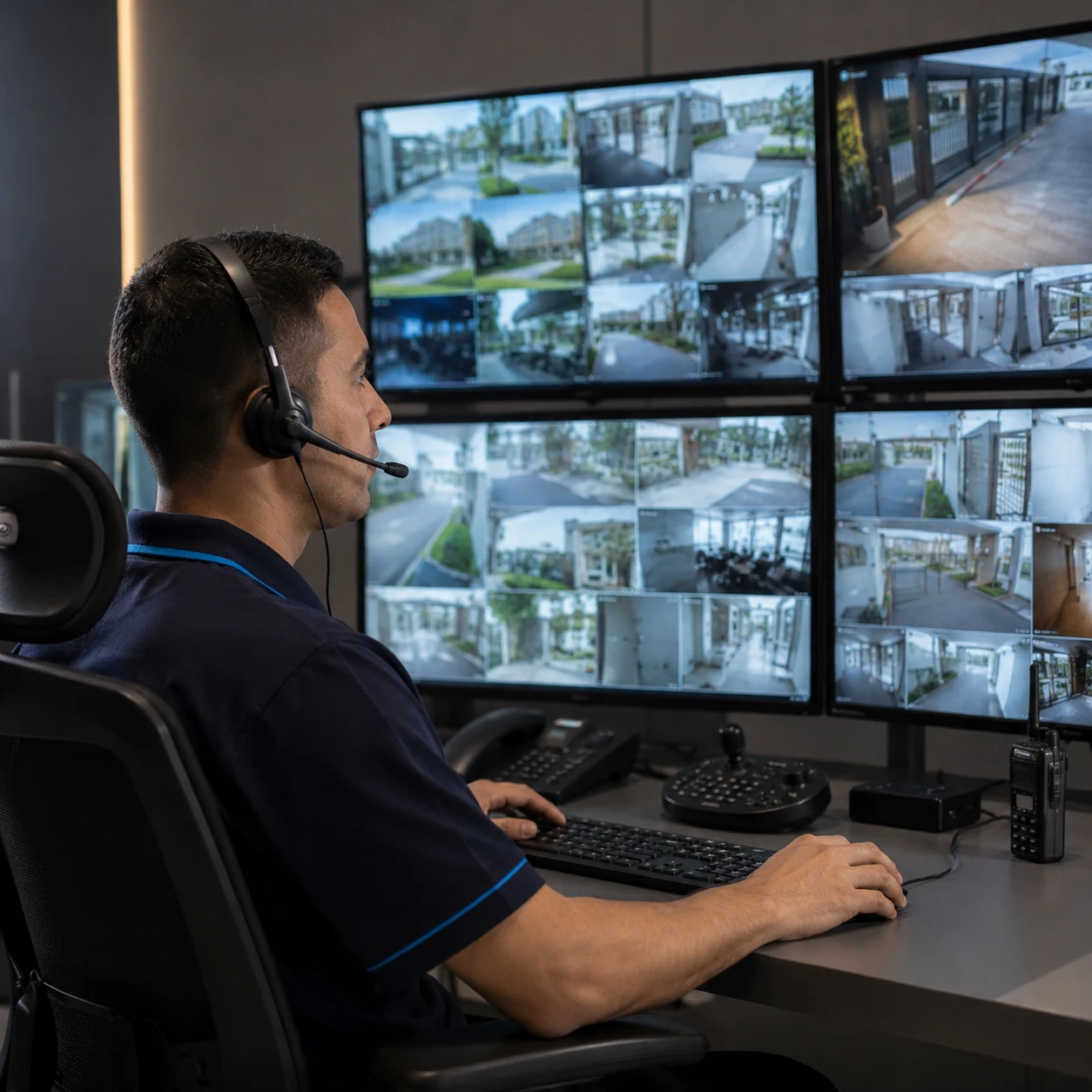 Operador trabalhando em uma central moderna de monitoramento