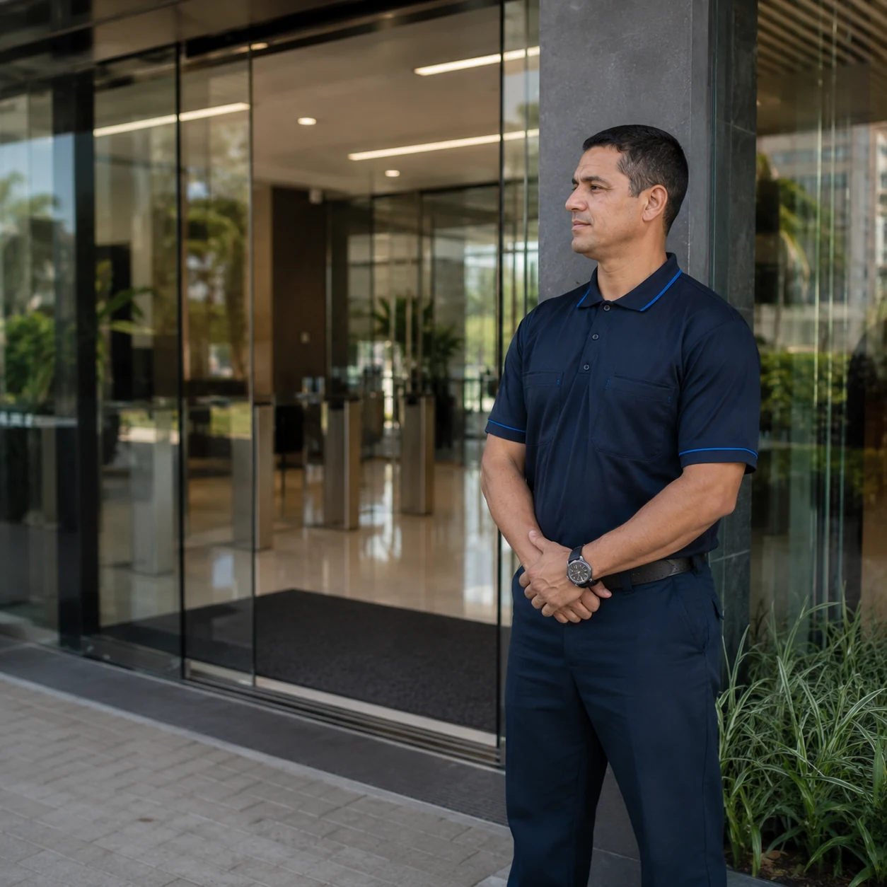 Profissional de segurança patrimonial em entrada corporativa